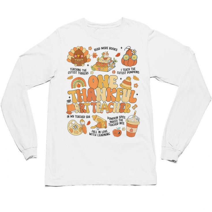 Thanksgiving One Thankful Art Teacher Fall Groovy Men Women Unisex Long Sleeve T-Shirt