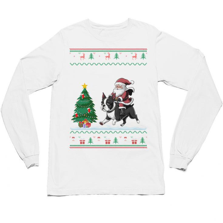 Ugly Christmas Tree Lights Xmas Santa Riding Boston Terrier Unisex Long Sleeve T-Shirt