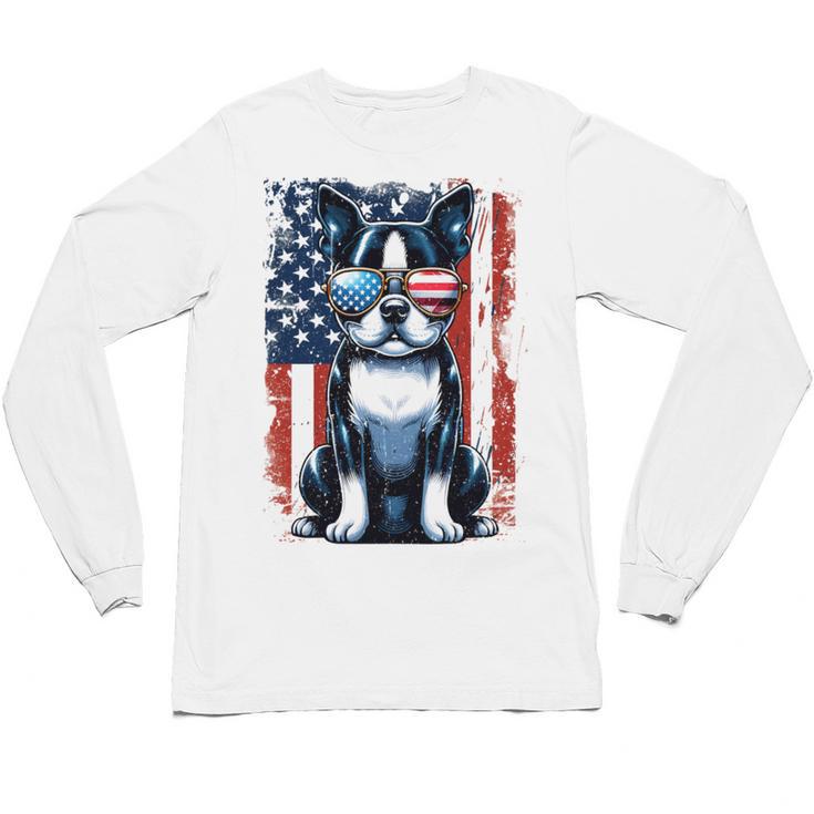 Vintage Boston Terrier Dog American US USA Flag Pets Dogs Unisex Long Sleeve T-Shirt