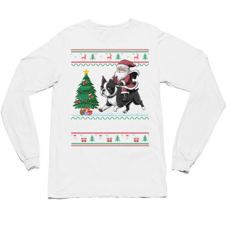 Xmas Tree Lighting Santa Riding Boston Terrier Christmas Unisex Long Sleeve T-Shirt