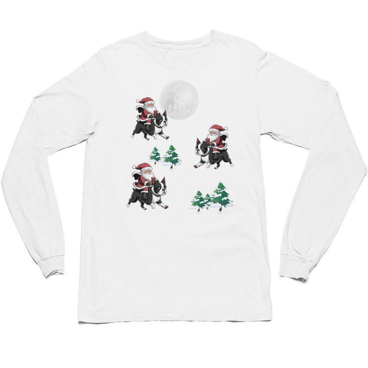 Xmas Tree Santa Riding Boston Terrier Christmas Unisex Long Sleeve T-Shirt