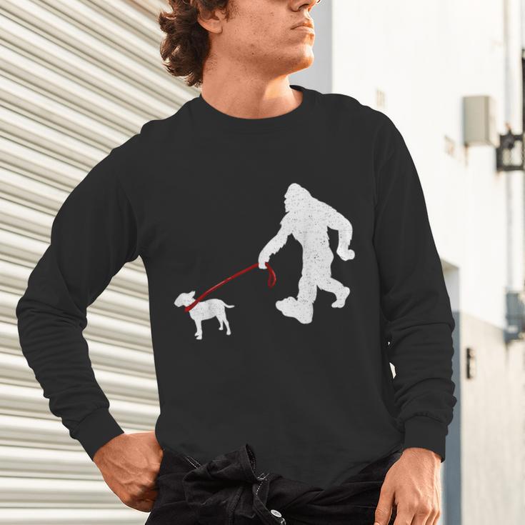Bigfoot Walking With Bull Terrier Dog Unisex Long Sleeve T-Shirt, gift for family, gift for coworker