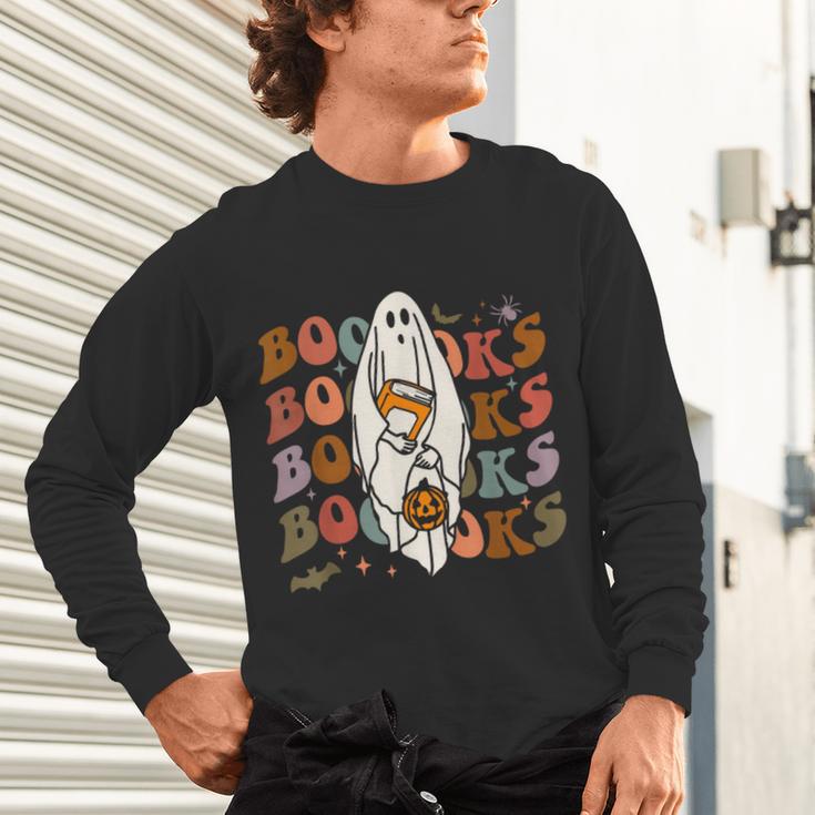 Booooks Ghost Halloween Groovy Vintage Teacher Book Reading Unisex Long Sleeve T-Shirt, gift for family, gift for coworker