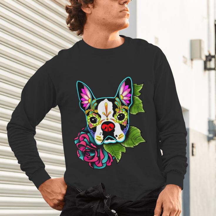 Boston Terrier In Day Of The Dead Sugar Skull Dog Unisex Long Sleeve T-Shirt, gift for family, gift for coworker