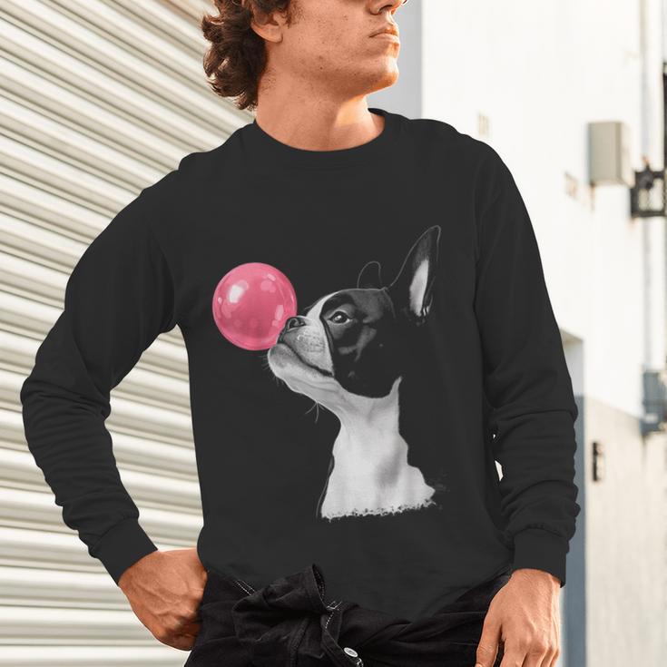 Boston Terrier Dog Blowing Chewing Bubble Gum Pink Unisex Long Sleeve T-Shirt, gift for family, gift for coworker