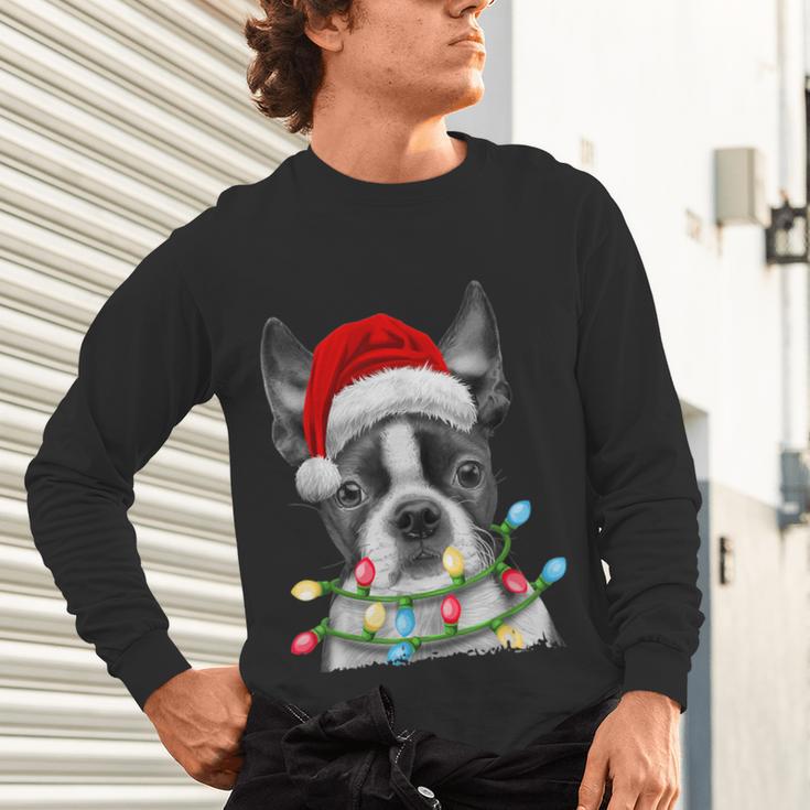 Boston Terrier Dog Santa Christmas Tree Lights Xmas Unisex Long Sleeve T-Shirt, gift for family, gift for coworker