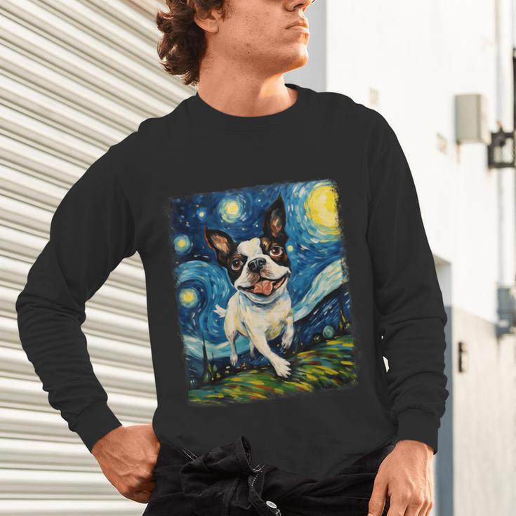 Boston Terrier Dog Starry Night Painting Unisex Long Sleeve T-Shirt, gift for family, gift for coworker