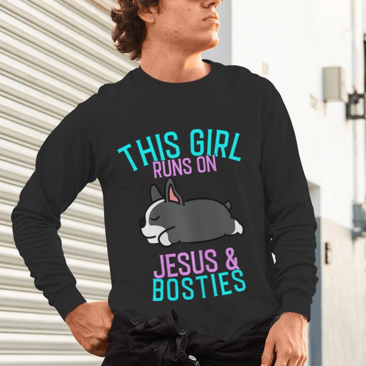 Boston Terrier This Girl Runs On Jesus And Boston Terriers Unisex Long Sleeve T-Shirt, gift for family, gift for coworker