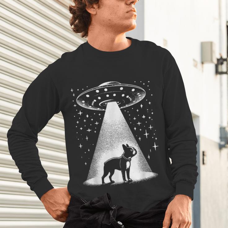 Boston Terrier Mom Dad Dog Alien UFO For Men Women Unisex Long Sleeve T-Shirt, gift for family, gift for coworker