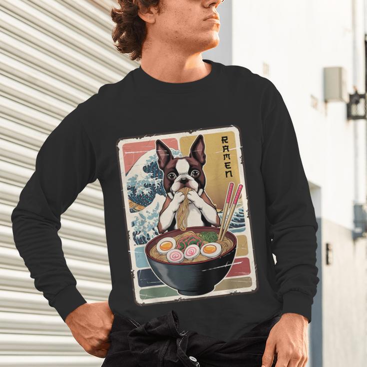 Boston Terrier Ramen Noodles Japanese Art Retro Ocean Waves Unisex Long Sleeve T-Shirt, gift for family, gift for coworker