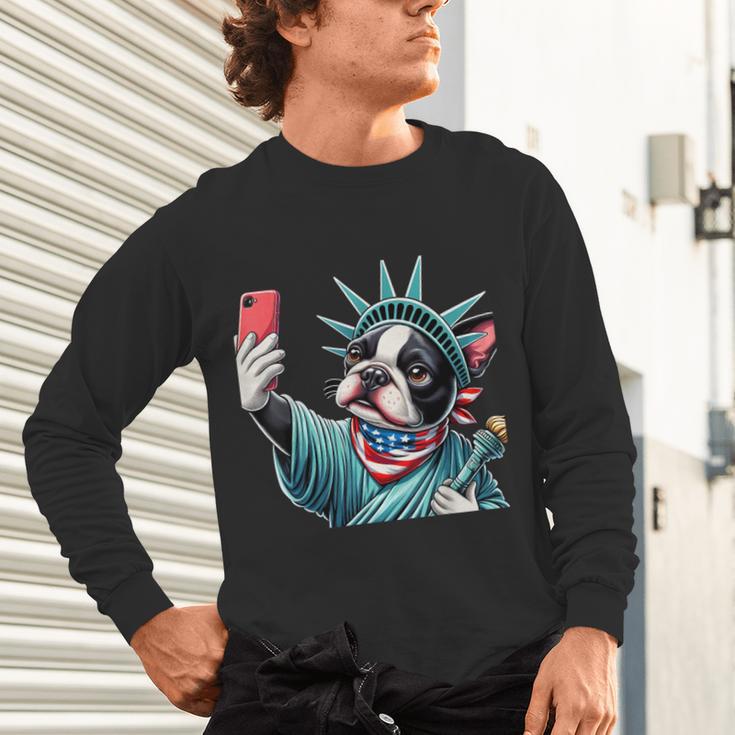 Boston Terrier Selfie Statue Of Liberty 4th Of July American Unisex Long Sleeve T-Shirt, gift for family, gift for coworker