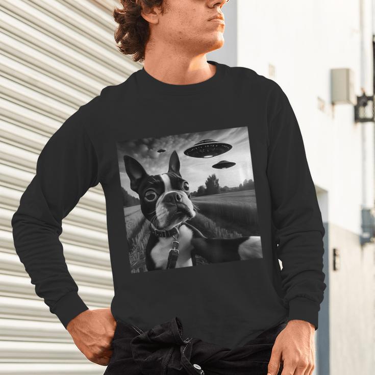 Boston Terrier Graphic Selfie With UFOs Weird Aliens Unisex Long Sleeve T-Shirt, gift for family, gift for coworker