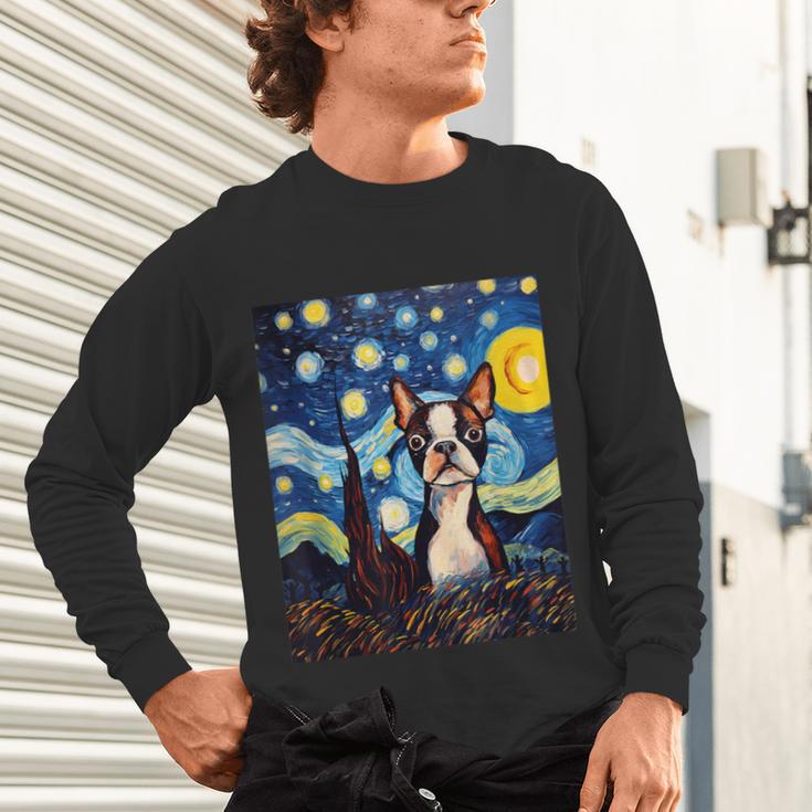 Boston Terrier Starry Night Van Gogh Art Unisex Long Sleeve T-Shirt, gift for family, gift for coworker