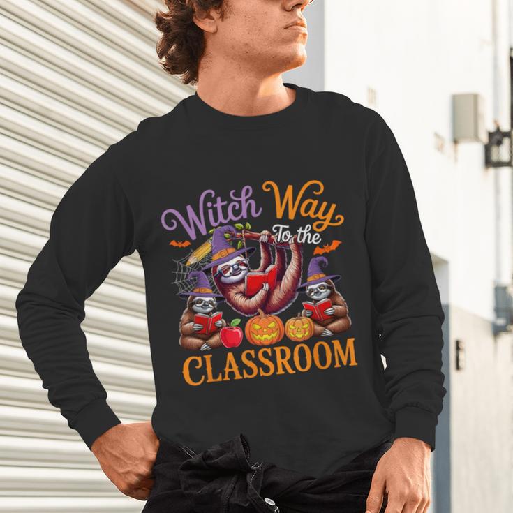 Way To Classroom Halloween Witch Three Cute Sloths Teacher Unisex Long Sleeve T-Shirt, gift for family, gift for coworker