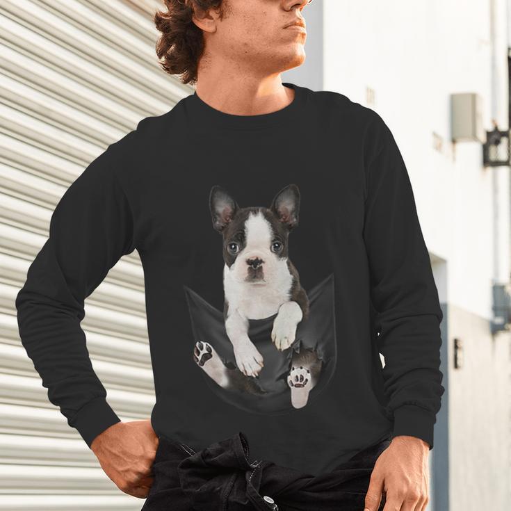 Dog Lovers Boston Terrier In Pocket Dog Face For Men Women Kids Unisex Long Sleeve T-Shirt, gift for family, gift for coworker