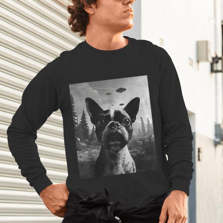 Dog Mom Dad Alien Selfie Boston Terrier UFO For Men Women Unisex Long Sleeve T-Shirt, gift for family, gift for coworker