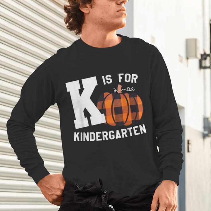 Fall Kindergarten Teacher K Is For Buffalo Plaid Pumpkin Unisex Long Sleeve T-Shirt, gift for family, gift for coworker