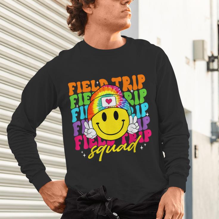 Field Trip Squad Groovy Field Day Smile Face Teacher Tie Dye Unisex Long Sleeve T-Shirt, gift for family, gift for coworker