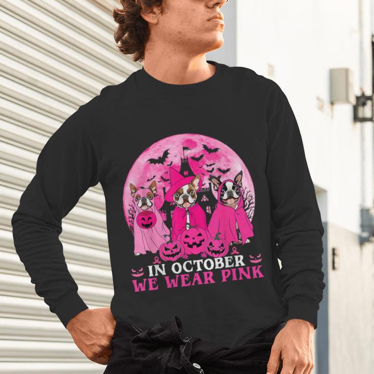 Ghost And Witch Boston Terrier Dog In October We Wear Pink Unisex Long Sleeve T-Shirt, gift for family, gift for coworker
