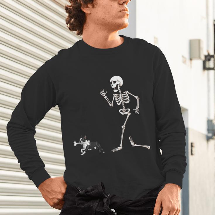 Halloween Boston Terrier And Skeleton Unisex Long Sleeve T-Shirt, gift for family, gift for coworker