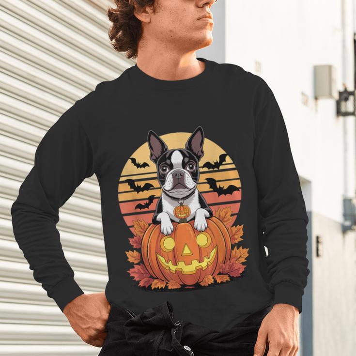 Halloween Retro Boston Terrier Unisex Long Sleeve T-Shirt, gift for family, gift for coworker