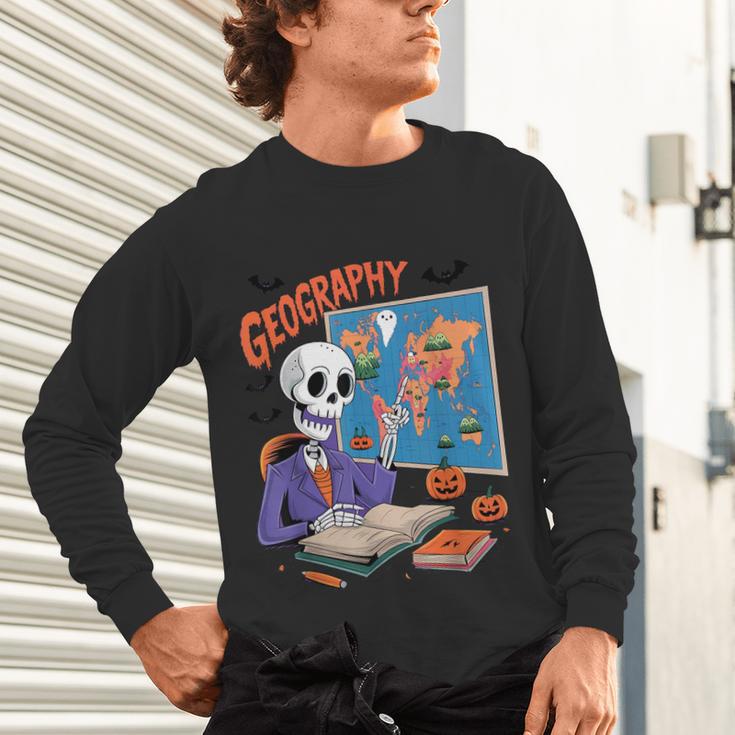 Halloween Skeleton Geography Teacher Pumpkin Bats Classroom Unisex Long Sleeve T-Shirt, gift for family, gift for coworker Halloween Skeleton Geography Teacher Pumpkin Bats Classroom Unisex Long Sleeve T-Shirt, gift for family, gift for coworker