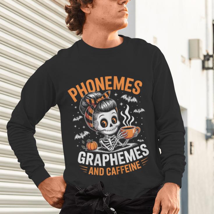 Halloween Skeleton Teacher Phonemes Graphemes Caffeine Lover Unisex Long Sleeve T-Shirt, gift for family, gift for coworker Halloween Skeleton Teacher Phonemes Graphemes Caffeine Lover Unisex Long Sleeve T-Shirt, gift for family, gift for coworker