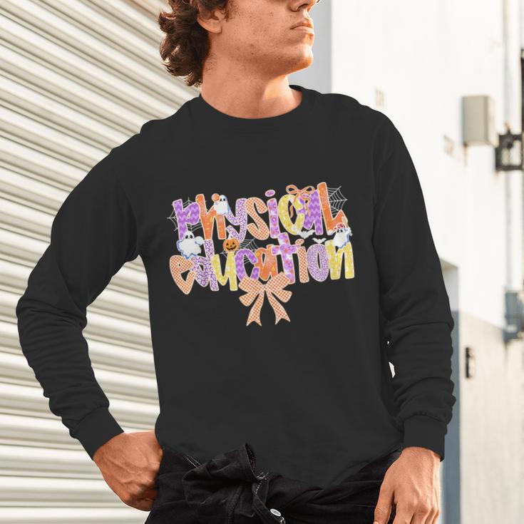 Physical Education Halloween Bow Checkered Teacher Ghost PE Unisex Long Sleeve T-Shirt, gift for family, gift for coworker