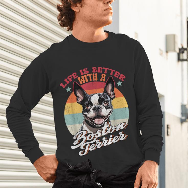 Retro Life Is Better With Boston Terrier Mom Dog Lover Unisex Long Sleeve T-Shirt, gift for family, gift for coworker