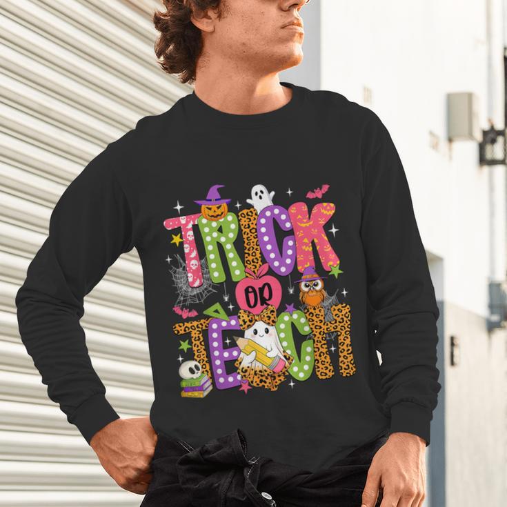 Retro Trick Or Teach Leopard Ghost Halloween Spooky Teacher Unisex Long Sleeve T-Shirt, gift for family, gift for coworker