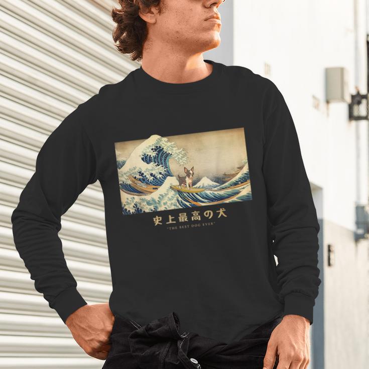 Surfing Boston Terrier Kanagawa Wave Japanese Dog For Men Women Kids Unisex Long Sleeve T-Shirt, gift for family, gift for coworker