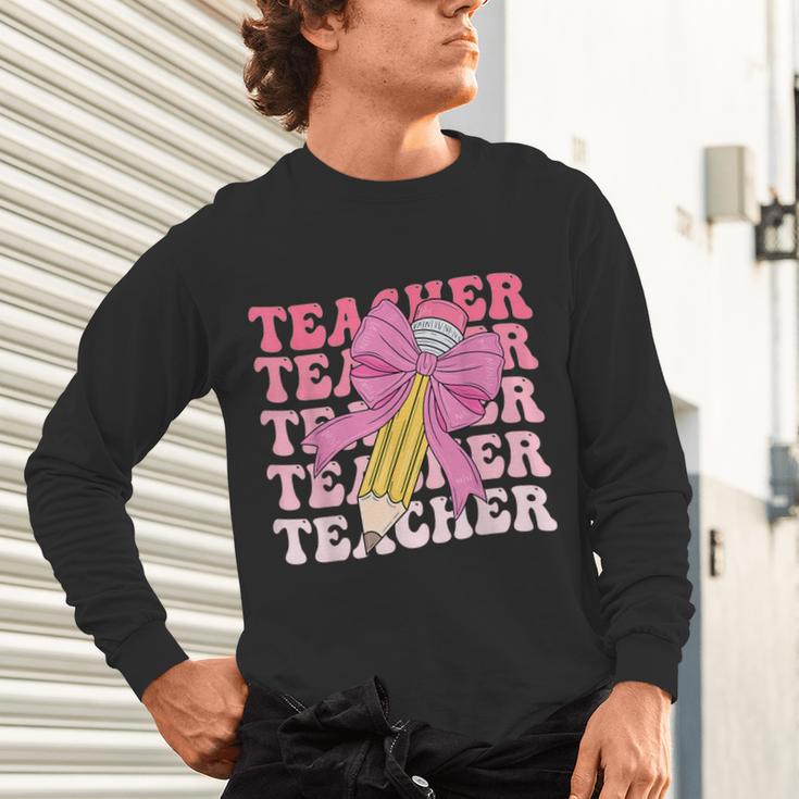 Teacher Pencil Back To School Groovy Pink Teacher First Day Unisex Long Sleeve T-Shirt, gift for family, gift for coworker Teacher Pencil Back To School Groovy Pink Teacher First Day Unisex Long Sleeve T-Shirt, gift for family, gift for coworker