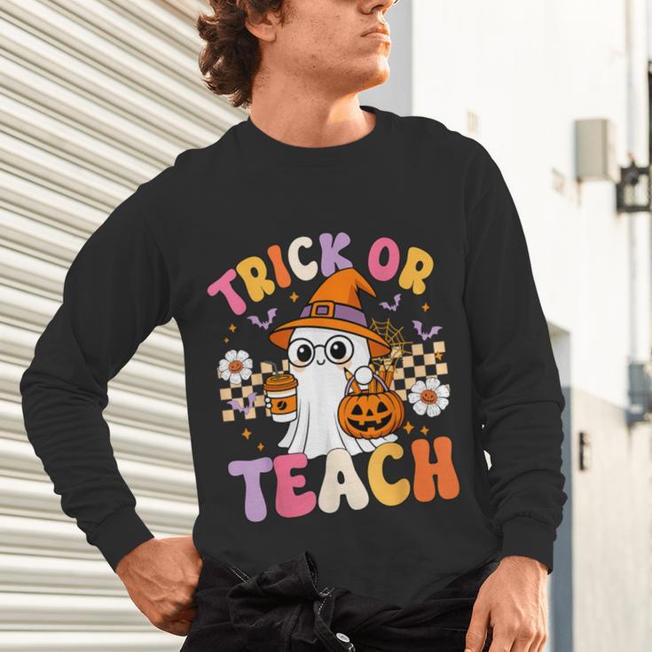 Trick Or Teach Cute Ghost Coffee Pumpkins Halloween Teacher Unisex Long Sleeve T-Shirt, gift for family, gift for coworker