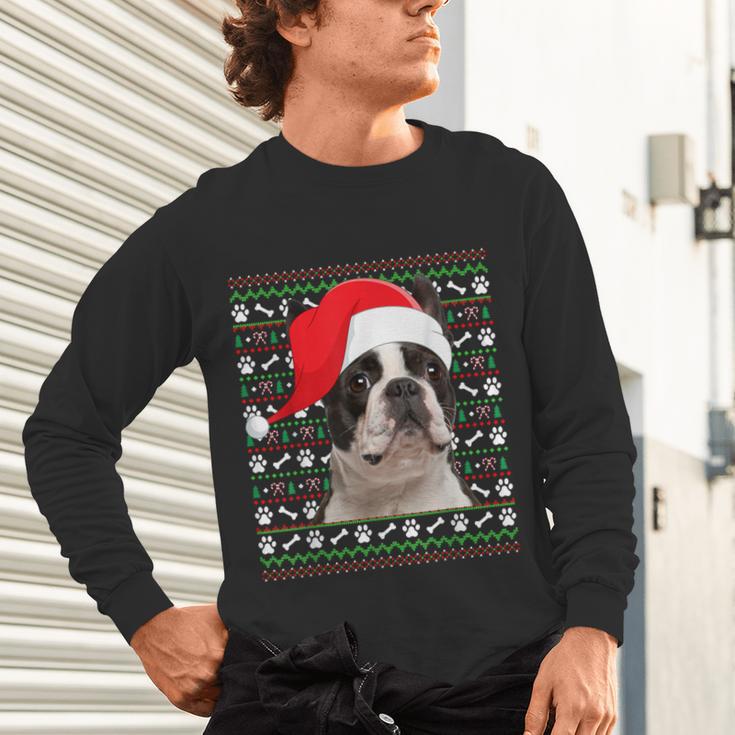 Ugly Xmas Sweater Santa Boston Terrier Dog Christmas For Men Women Kids Unisex Long Sleeve T-Shirt, gift for family, gift for coworker