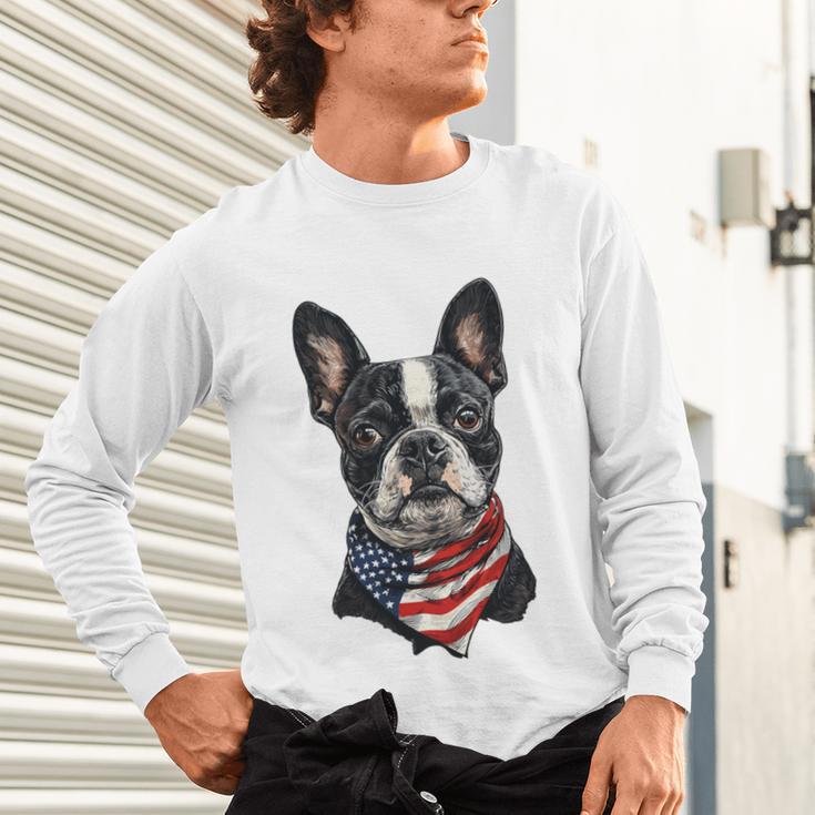 Boston Terrier American Flag Unisex Long Sleeve T-Shirt, gift for family, gift for coworker