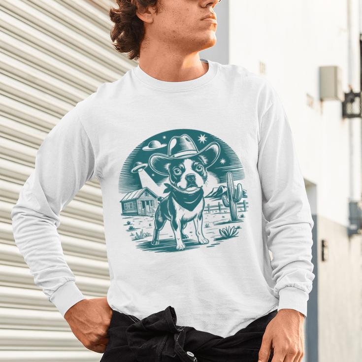 Boston Terrier Cowboy UFO Shirt Vintage Western Dog Mom Tee Unisex Long Sleeve T-Shirt, gift for family, gift for coworker