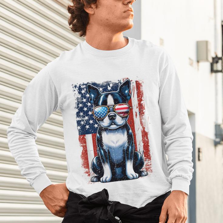 Boston Terrier Dog American USA US Flag Pets Vintage Outfit Unisex Long Sleeve T-Shirt, gift for family, gift for coworker