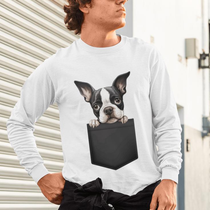 Boston Terrier Dog Puppy Dog In Pocket Cute Pet Lover Unisex Long Sleeve T-Shirt, gift for family, gift for coworker