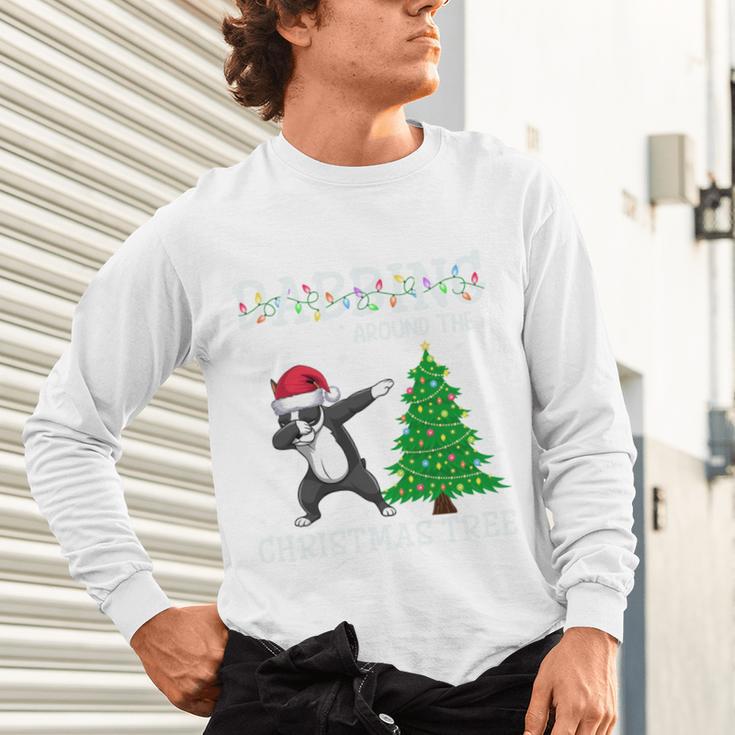 Boston Terrier Santa Hat Dabbing Around The Christmas Tree Unisex Long Sleeve T-Shirt, gift for family, gift for coworker