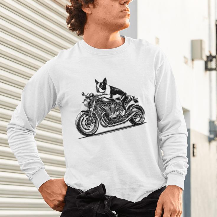 Cool Boston Terrier Riding a Motorcycle Biker Dog Lover For Men Women Kids Unisex Long Sleeve T-Shirt, gift for family, gift for coworker