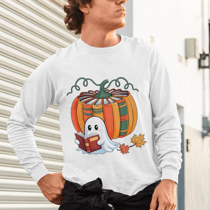 Fall Book Pumpkin Books Ghost Reading Halloween Teacher Unisex Long Sleeve T-Shirt, gift for family, gift for coworker