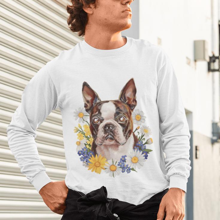 Floral Boston Terrier Unisex Long Sleeve T-Shirt, gift for family, gift for coworker