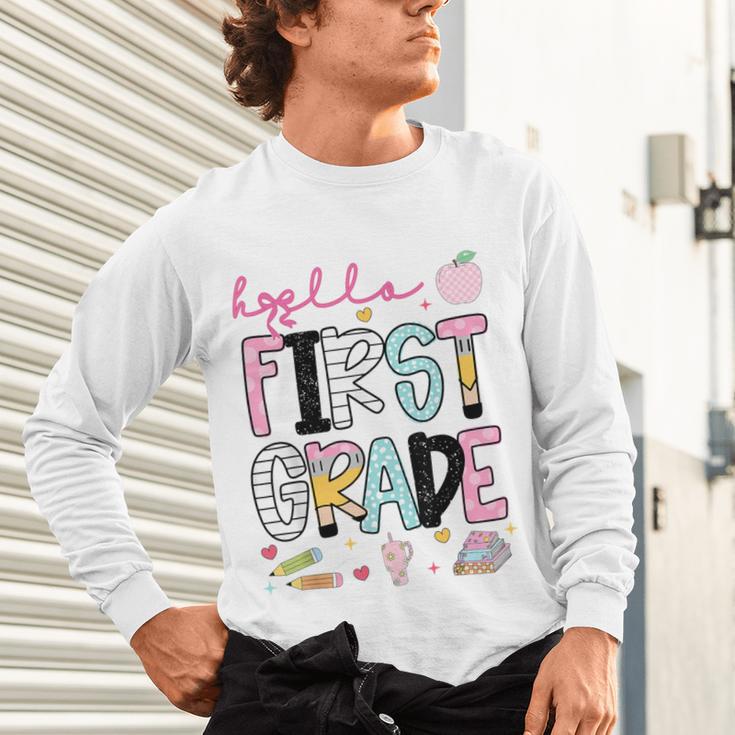 Hello First Grade Teacher Coquette Pencil Bow Back To School Unisex Long Sleeve T-Shirt, gift for family, gift for coworker
