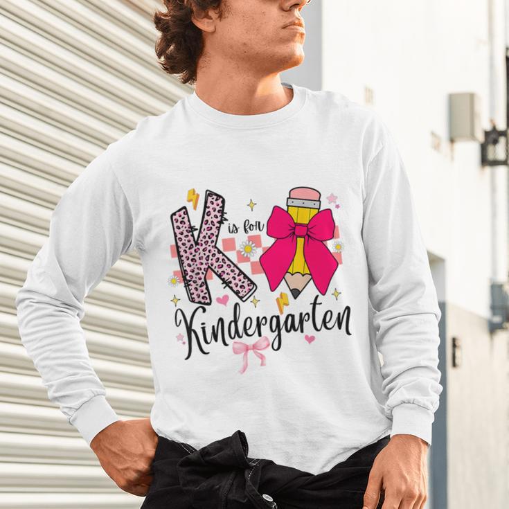 K Is For Kindergarten Teacher Coquette Bow Back To School Unisex Long Sleeve T-Shirt, gift for family, gift for coworker K Is For Kindergarten Teacher Coquette Bow Back To School Unisex Long Sleeve T-Shirt, gift for family, gift for coworker