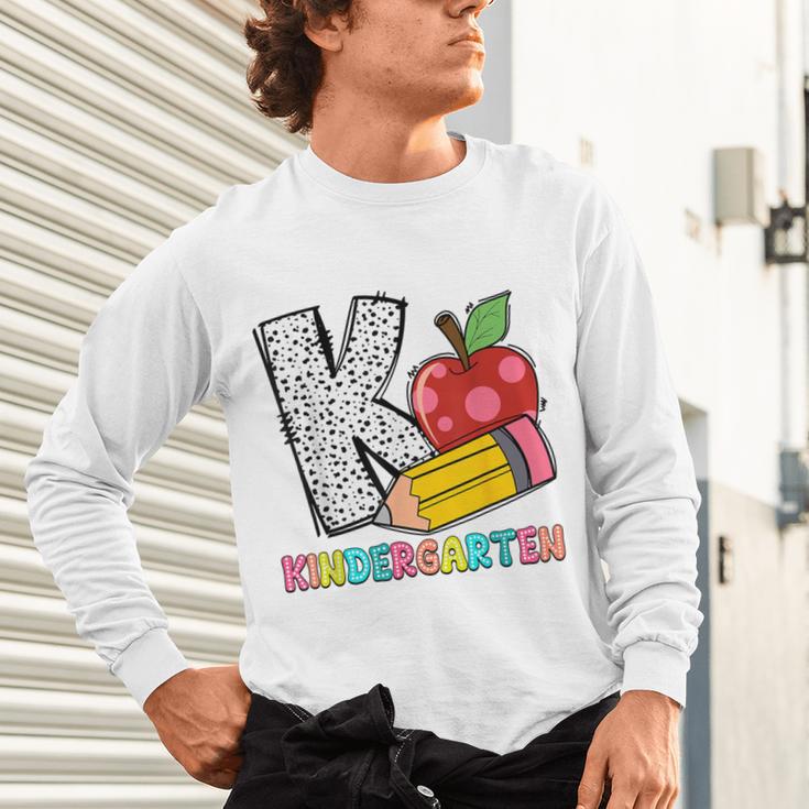 K Is For Kindergarten Teacher Pencil Apple Back To School Unisex Long Sleeve T-Shirt, gift for family, gift for coworker K Is For Kindergarten Teacher Pencil Apple Back To School Unisex Long Sleeve T-Shirt, gift for family, gift for coworker