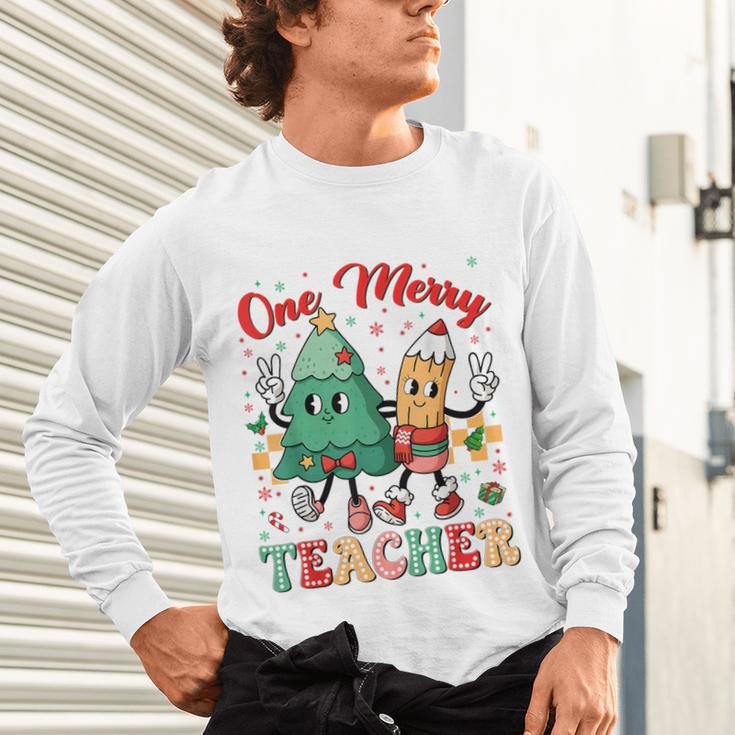 One Merry Teacher Groovy Christmas Tree Pjs Xmas Teacher Unisex Long Sleeve T-Shirt, gift for family, gift for coworker