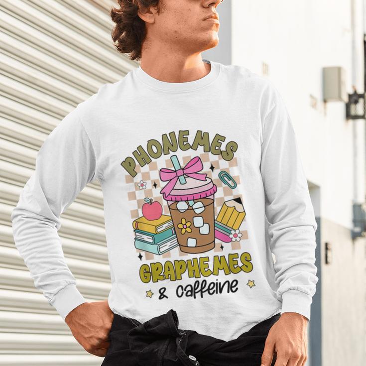 Phonemes Graphemes Caffeine Back To School Reading Teacher Unisex Long Sleeve T-Shirt, gift for family, gift for coworker