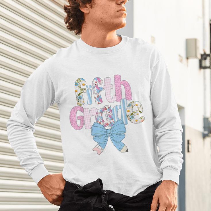 Preppy Fifth Grade Teacher Blue Floral Coquette Pencil Bow Unisex Long Sleeve T-Shirt, gift for family, gift for coworker