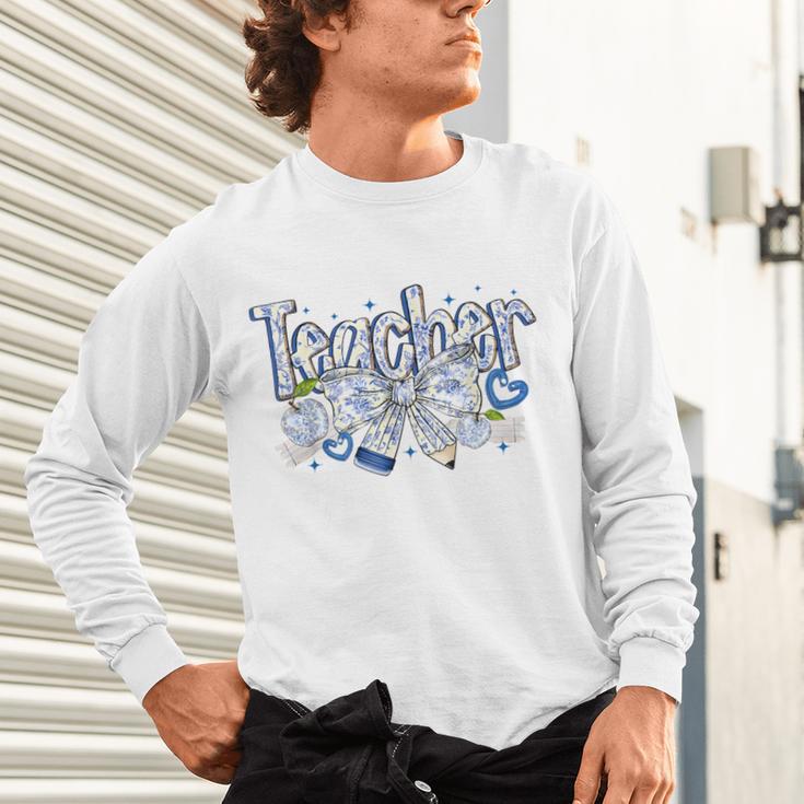 Teacher Blue Chinoiserie Coquette Bow Heart Teacher Life Unisex Long Sleeve T-Shirt, gift for family, gift for coworker