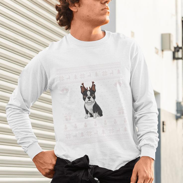 Ugly Xmas Sweater Style Boston Terrier Reindeer Christmas Unisex Long Sleeve T-Shirt, gift for family, gift for coworker